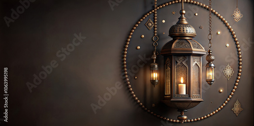 Ornate islamic lantern illuminates a richly patterned backgroundwith text area, evoking the sacred spirit of ramadan and eid celebrations like eid mubarak and eid al adha, the feast of sacrifice photo