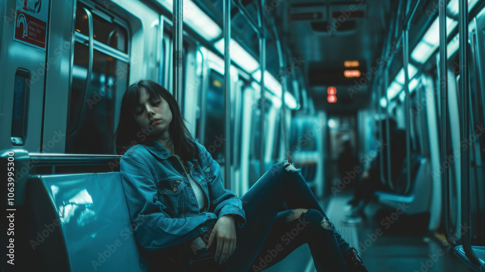 A full body shot of a woman sitting alone in a darkened subway train․ A full body shot of a woman sitting alone in a darkened subway train․