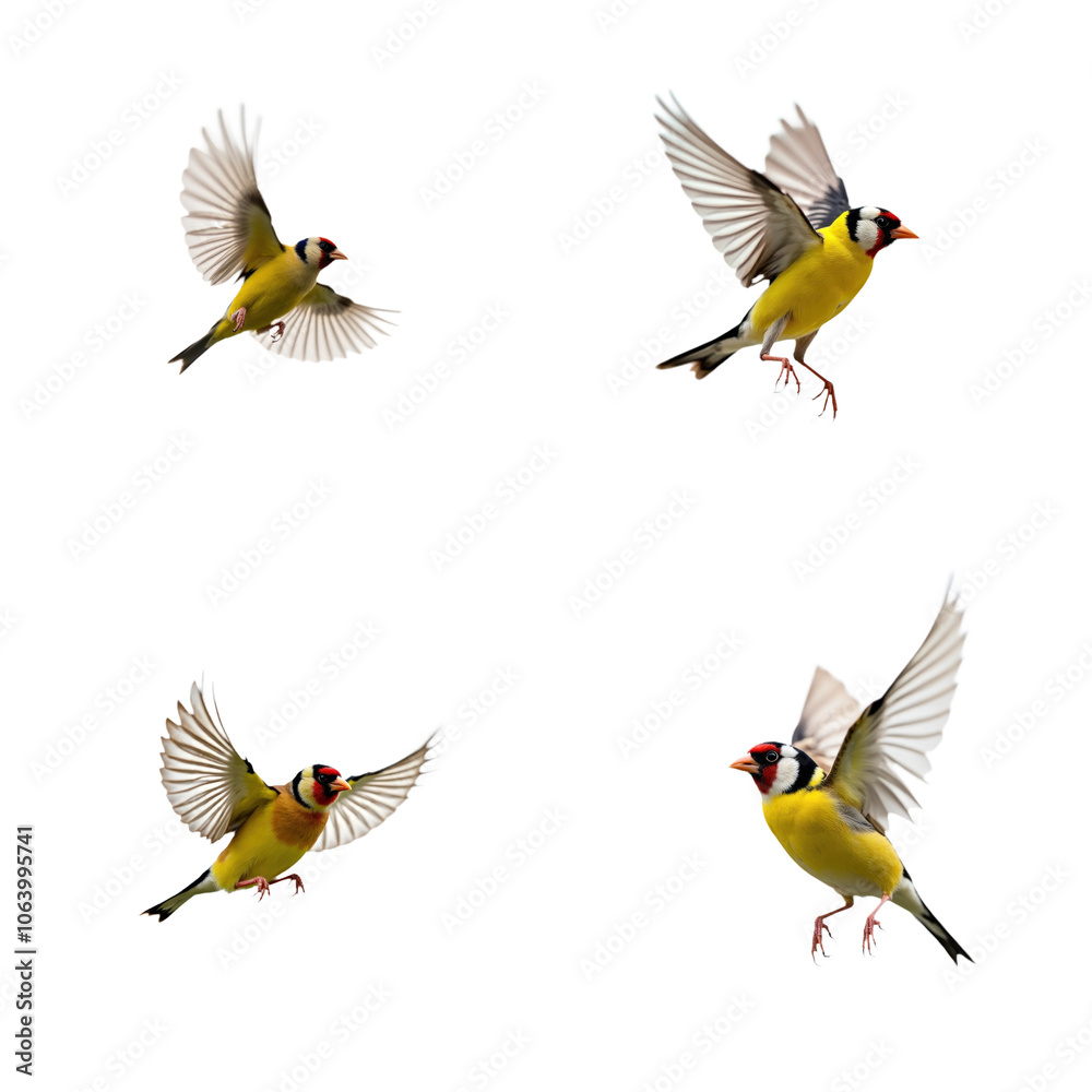 Four yellow birds flying in diagonal formation on isolated transparent background. Different sizes, shapes, and poses. Goldfinch-like birds in flight, sunny day, outdoor scene. Alpha mask cut out png. Four yellow birds flying in diagonal formation on isolated transparent background. Different sizes, shapes, and poses. Goldfinch-like birds in flight, sunny day, outdoor scene. Alpha mask cut out png.
