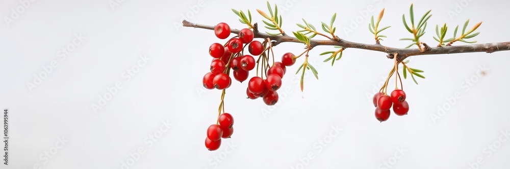 Branch with rowan berries hanging loosely, frosty morning, winter, evergreen tree Branch with rowan berries hanging loosely, frosty morning, winter, evergreen tree