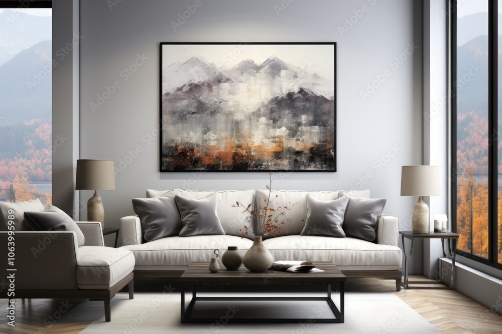 Modern living room with a mountain painting, cozy furniture, and natural light. Modern living room with a mountain painting, cozy furniture, and natural light.