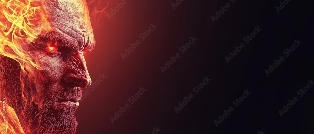 a man with red eyes and a beard in flames a man with red eyes and a beard in flames