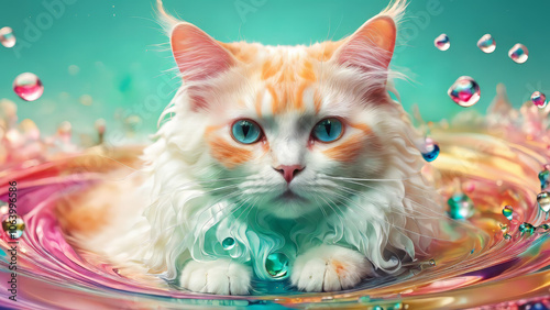 A colourful cute cat covered in colourful paint splash fluid, vibrant paint particles, water drops, alcohol ink smoke, happy pet concept, pet food advertisement