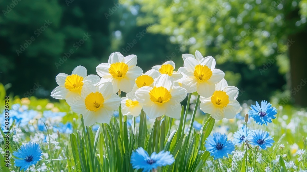 Fototapeta premium Vibrant spring daffodils and cornflowers in bloom under warm sunlight