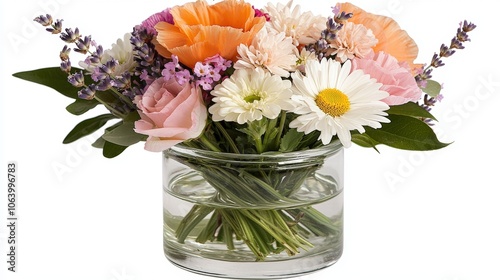 Vibrant floral arrangement in glass vase with diverse spring blooms photo