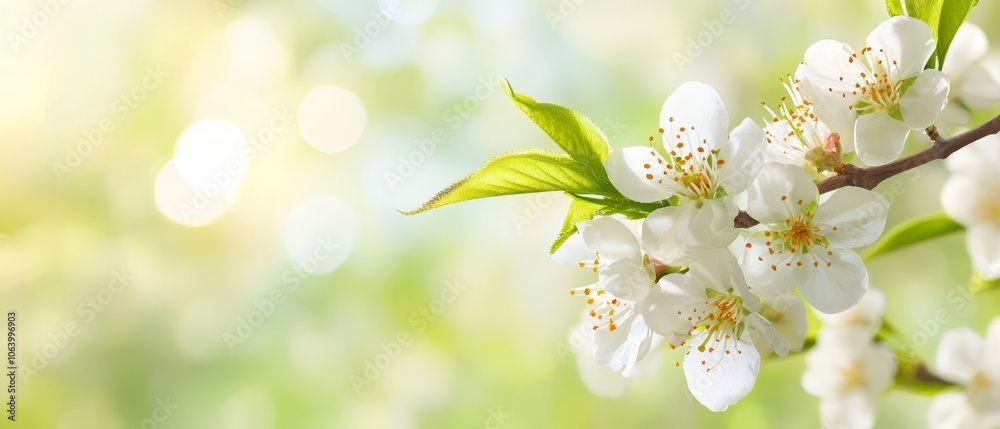 A branch of a tree with white flowers and green leaves A branch of a tree with white flowers and green leaves