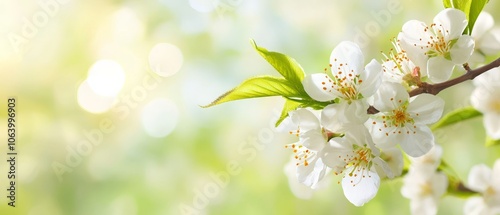 A branch of a tree with white flowers and green leaves