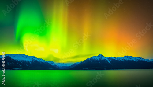 Stunning winter landscape: the night sky with the northern lights reflected in the water of a mountain lake. Night winter landscape with aurora. Borealis. photo