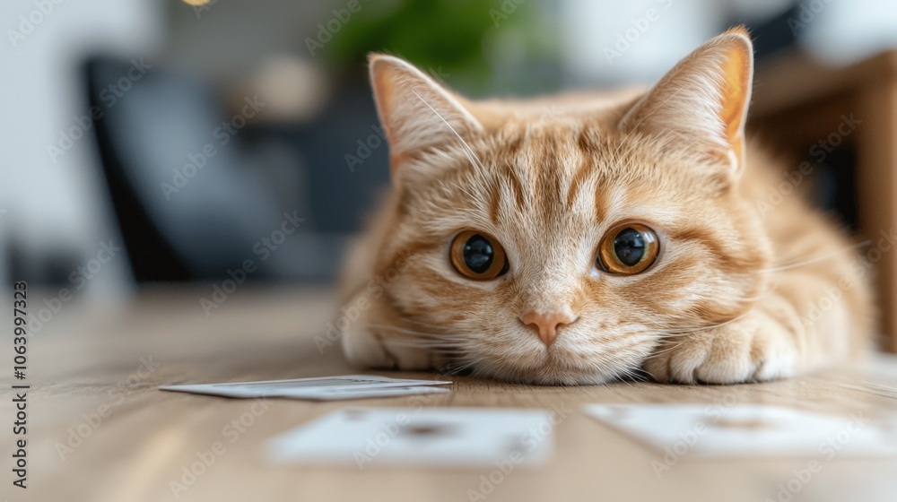 Curious orange tabby cat lying on the floor with playing cards in a cozy home setting