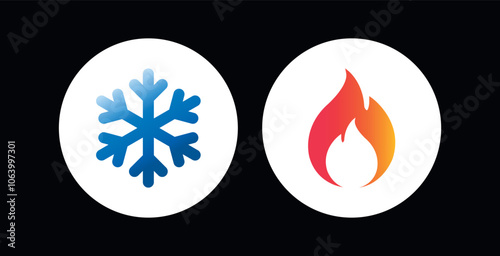 Hot and cold vector flat icon set isolated on black background. Snowflake and fire, flame gradient symbols on geometric circle buttons for web and app.