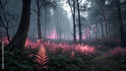 Dark and misty forest with pink neon glowing plants, twisted trees, misty atmosphere