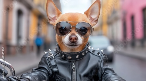 Chihuahua in leather jacket and sunglasses riding motorcycle on urban street
