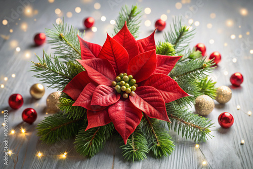 Red flower surrounded with fir branches on wooden table with Christmas bulbs.