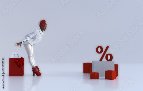 An afro-american girl with red hair, dressed in a white warm sweater and boots, being very excited while looking at a discount sign. Concept of Christmas sales and shopping. 3D illustration. 