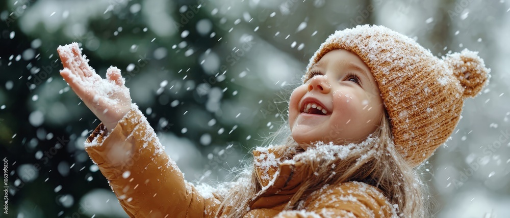 Obraz premium A little girl in a yellow coat and hat playing in the snow