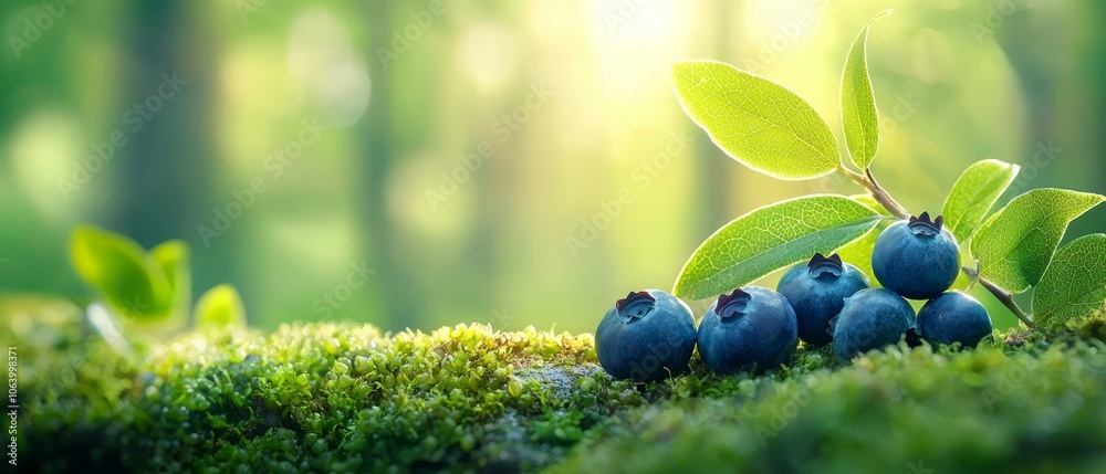 A bunch of blueberries sitting on top of a moss covered ground A bunch of blueberries sitting on top of a moss covered ground