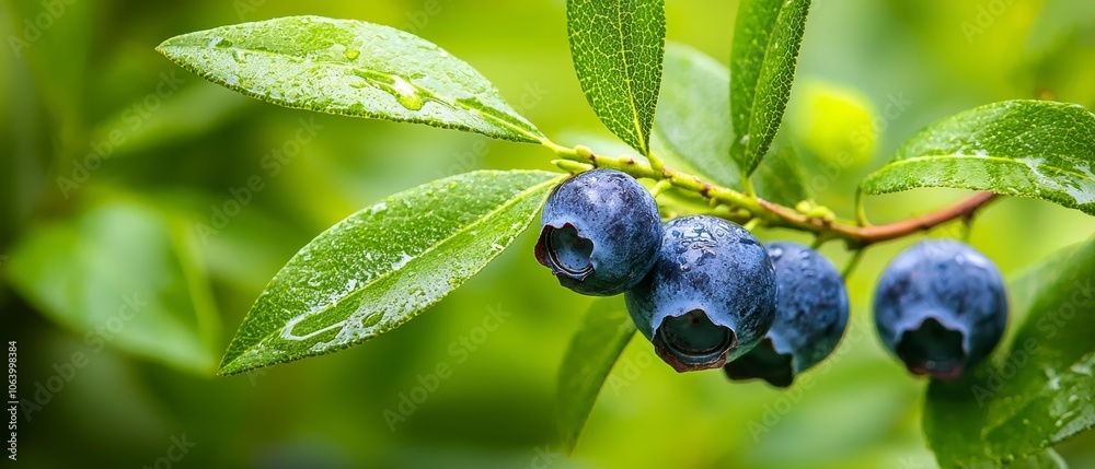A bunch of blueberries on a branch with green leaves A bunch of blueberries on a branch with green leaves