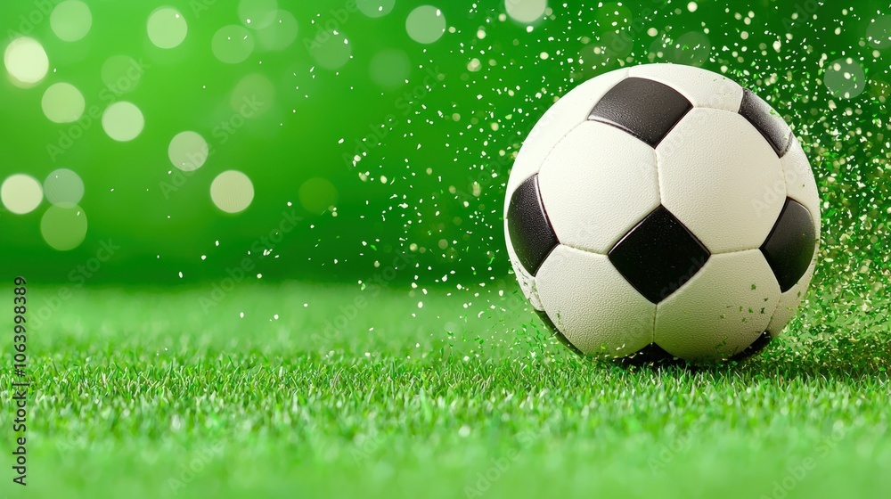 Naklejka premium Soccer ball on lush green field with blurred sparkle background