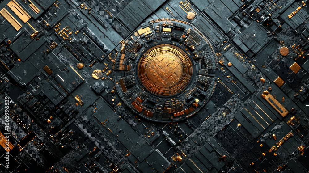 Fototapeta premium Futuristic Circuit Board: Gold and Black Tech Background