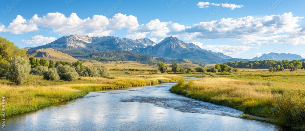 A river running through a grassy field with mountains in the background A river running through a grassy field with mountains in the background