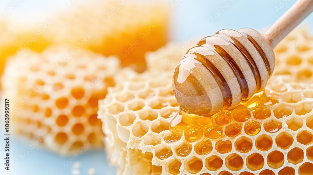 Fresh honeycomb with dripping honey and wooden dipper against light blue background Fresh honeycomb with dripping honey and wooden dipper against light blue background