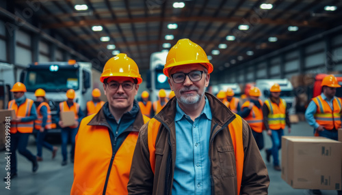 Workers in the cargo loading and unloading area at the cargo terminal, in the warehouse of a logistics company, in special clothing, are engaged in loading operations.