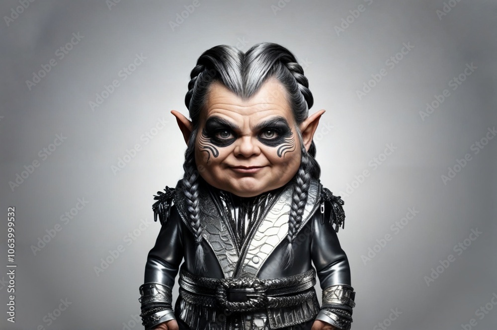 mysterious gnome showcasing detailed avant-garde outfit on a gradient gray background for visual storytelling mysterious gnome showcasing detailed avant-garde outfit on a gradient gray background for visual storytelling