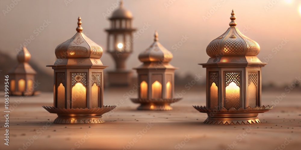 Traditional islamic lanterns emit a warm glow on a serene evening, symbolizing the holy months of ramadan and eid celebrations, including the feast of sacrifice, eid aladha Traditional islamic lanterns emit a warm glow on a serene evening, symbolizing the holy months of ramadan and eid celebrations, including the feast of sacrifice, eid aladha