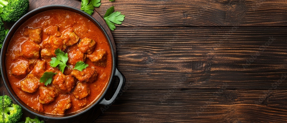 A bowl of chicken curry with broccoli on a wooden table A bowl of chicken curry with broccoli on a wooden table
