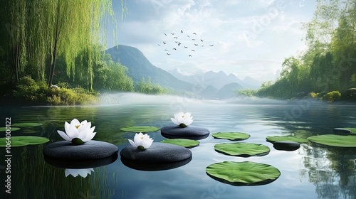 A serene landscape featuring a tranquil body of water surrounded by lush greenery. In the foreground, several smooth black stones rest on the water's surface, each adorned with vibrant white lotus flo photo