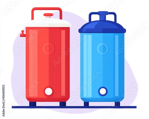 Two large metal containers, one red and one blue, with handles and spouts. photo