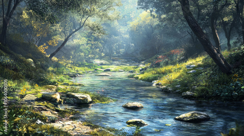 Serene Forest Stream: Magical Woodland River Landscape Painting
