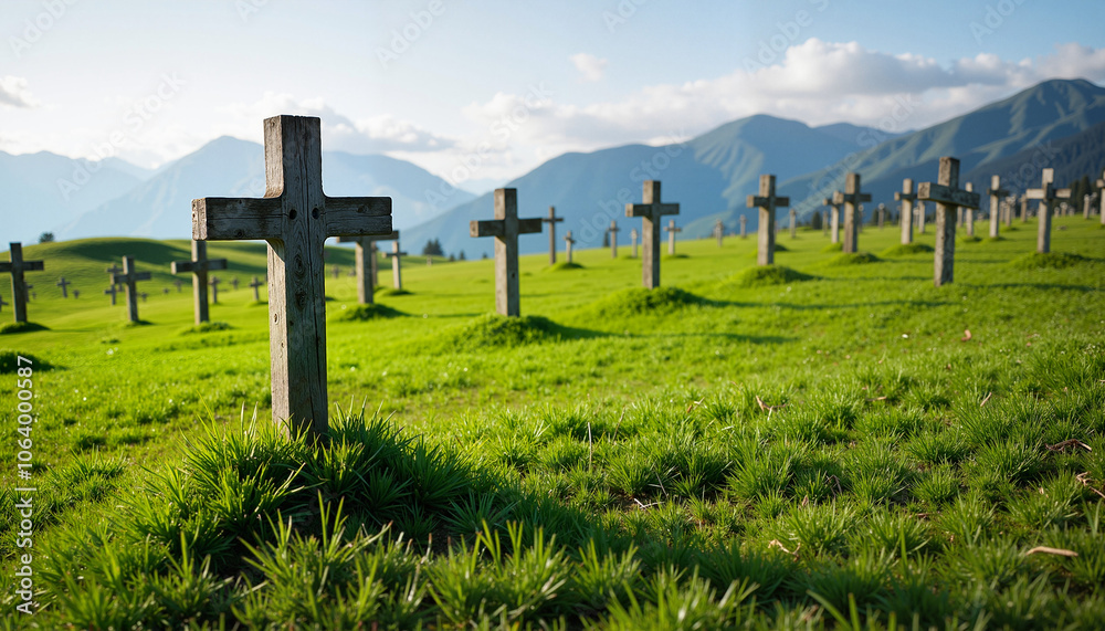 A serene cemetery with wooden crosses on green hills below majestic mountains in the early morning light A serene cemetery with wooden crosses on green hills below majestic mountains in the early morning light