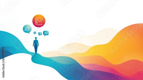 A vibrant abstract illustration depicting a person navigating a pathway surrounded by modern communication icons and colorful waves.
