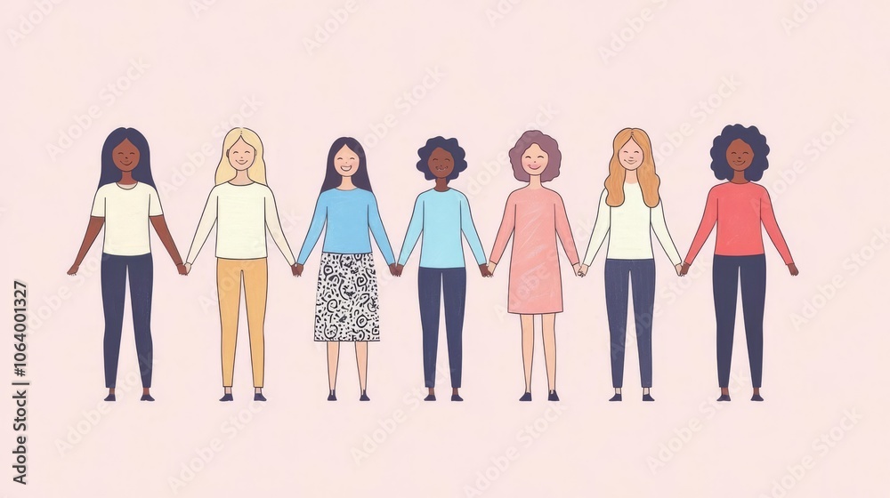 Fototapeta premium A diverse group of women holding hands, symbolizing unity, friendship, and empowerment against a light background.