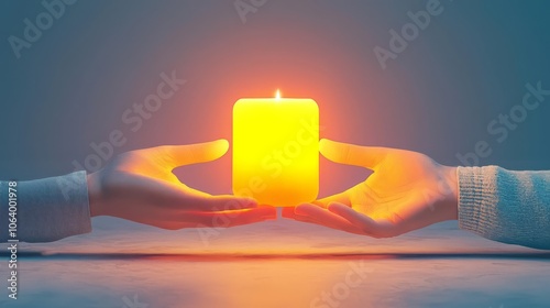 Two hands gently hold a glowing candle, symbolizing warmth, hope, and connection in a serene setting. photo