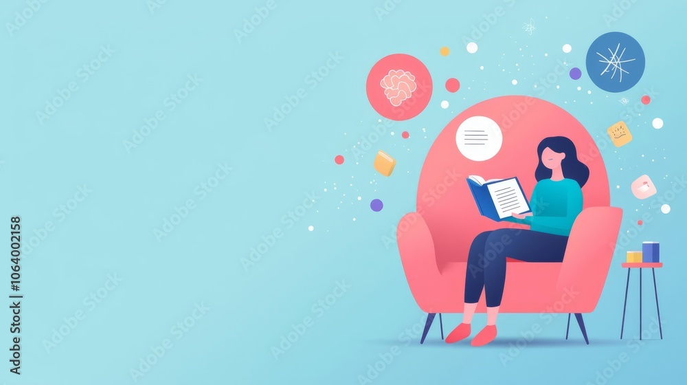 A woman reads a book in a cozy pink chair, surrounded by colorful icons and symbols representing knowledge and ideas. A woman reads a book in a cozy pink chair, surrounded by colorful icons and symbols representing knowledge and ideas.