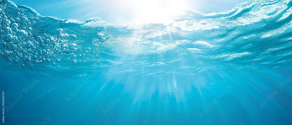 A blue ocean with bubbles and sun shining through the water A blue ocean with bubbles and sun shining through the water