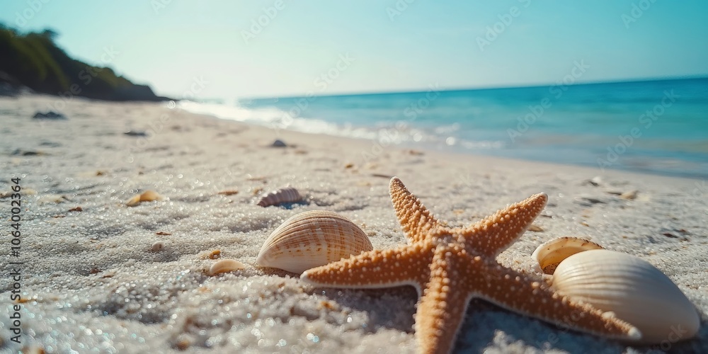 Sunny Beach with Starfish and Seashells in the Foreground Generative AI Sunny Beach with Starfish and Seashells in the Foreground Generative AI
