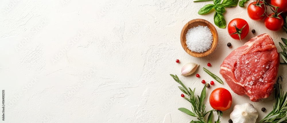 raw meat with spices and herbs on a white background raw meat with spices and herbs on a white background