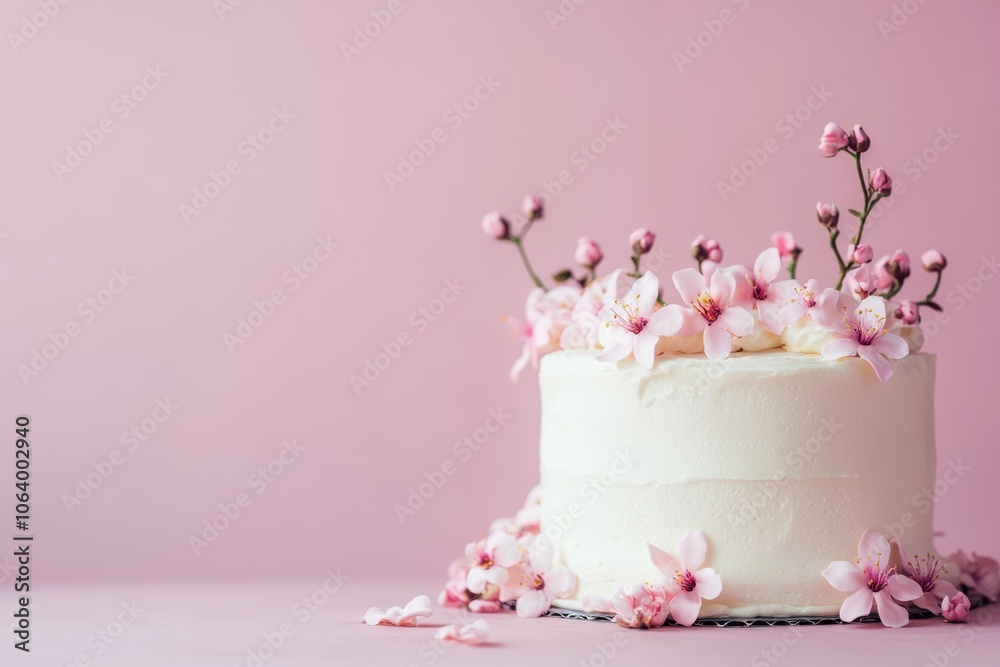 Elegant cream cake with fondant flowers on pastel pink background Elegant cream cake with fondant flowers on pastel pink background
