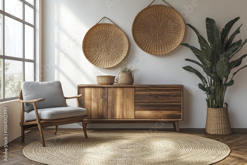 Cozy interior of a sunlit room featuring natural decor and minimalist furniture