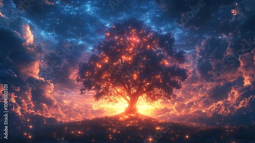 A solitary tree stands majestic at the center of a vibrant landscape, illuminated by a radiant sunset. The sky above is a swirling mix of deep blues and purples, scattered with fluffy, ethereal clouds