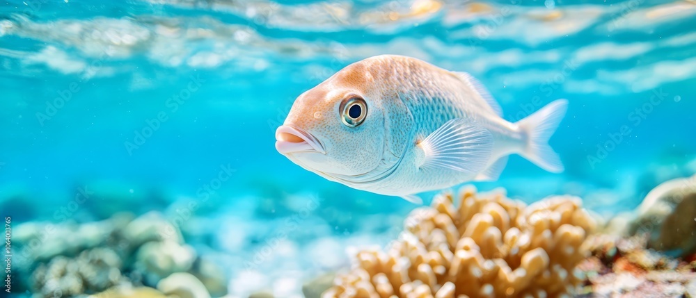 A fish swimming in the ocean near a coral reef A fish swimming in the ocean near a coral reef