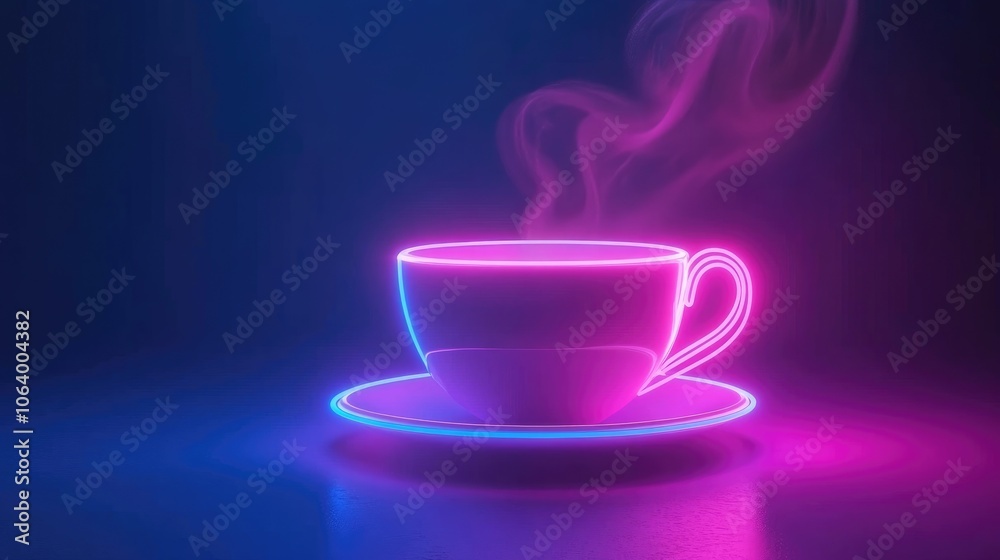 Neon Teacup with Steam on Dark Background: Trendy Futuristic Design Neon Teacup with Steam on Dark Background: Trendy Futuristic Design
