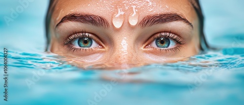 A woman in a swimming pool with water droplets on her face