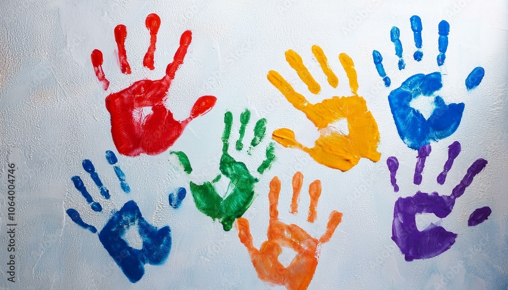 A bunch of colorful handprints on the white wall A bunch of colorful handprints on the white wall