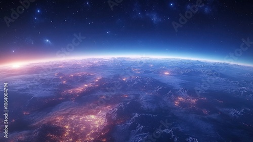 A breathtaking view of Earth from space, showing a sunrise over a mountainous landscape with city lights glowing in the distance.