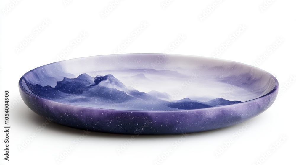 Cosmic landscape art on ceramic plate with mountain and starry sky design Cosmic landscape art on ceramic plate with mountain and starry sky design
