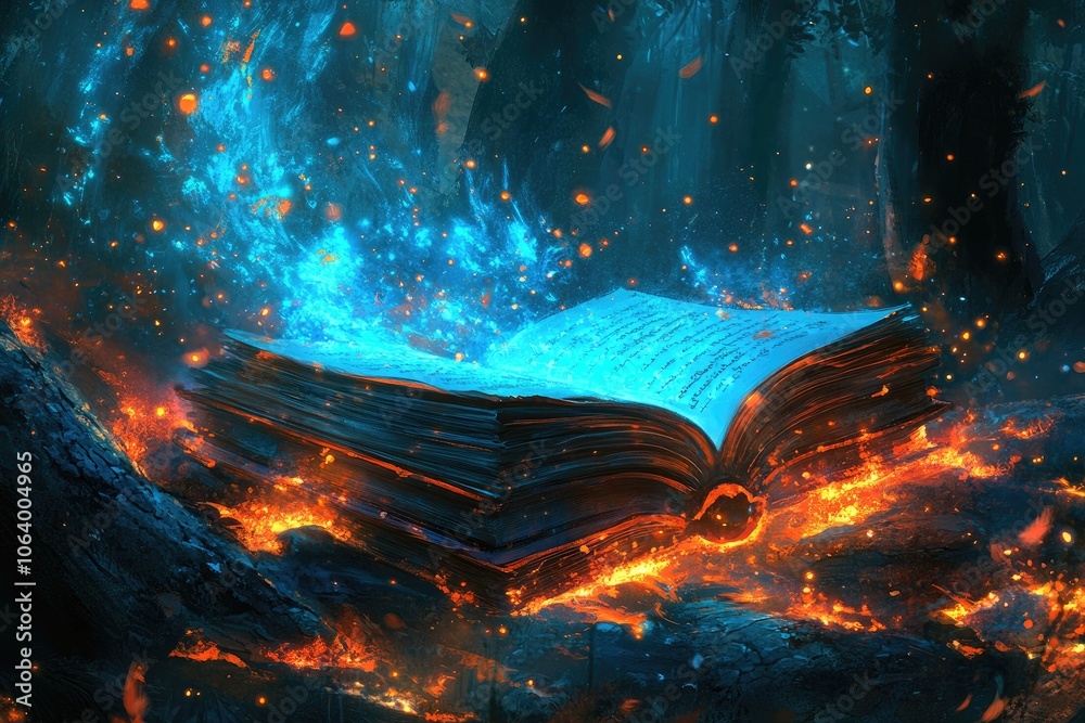 Obraz premium Mystical Open Book in Enchanted Forest with Blue and Orange Magical Light